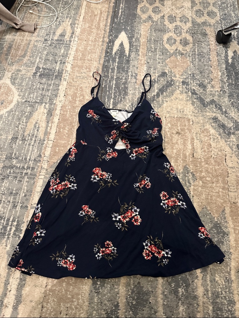 Garage Navy Floral Tie-Front Dress with Red & White Blooms